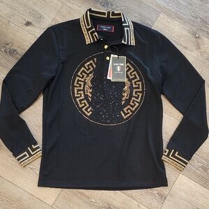NWT Azaro Uomo Black Gold Rhinestone Embellishment Mens Polo Shirt Lux Slim Med